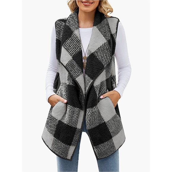Gray Plaid Print Faux Fur Furry Open Front Sleeveless Vest Cardigan Sweater - Picture 5 of 6